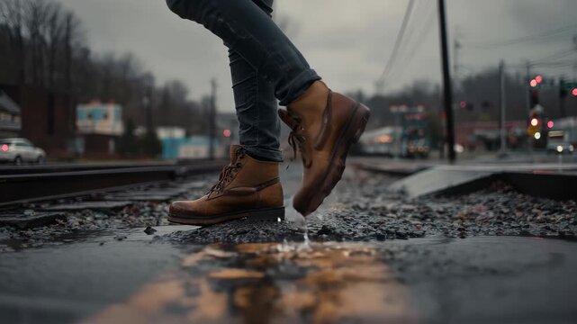 Boots on train tracks during a rainy day with a gloomy sky in the background