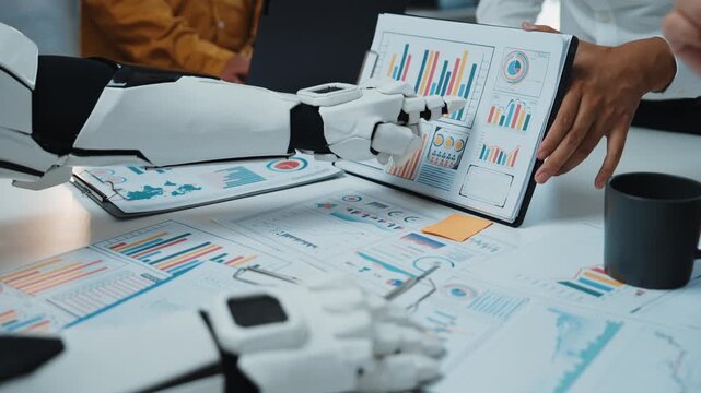 At a goal-oriented meeting, an AI assistant sifts through complex data, revealing underlying patterns that shape a more targeted marketing framework and shared strategy. Noogenesis AI