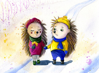 Two cute hedgehogs in knitted winter clothes walking hand in hand on a snowy path, one holding flowers. Romantic watercolor illustration for Valentine's Day or greeting cards.