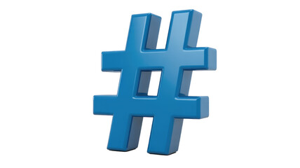 Obraz premium A striking blue, glossy 3D hashtag symbol, representing social media, programming, and digital trends, isolated against a simple background. background removed