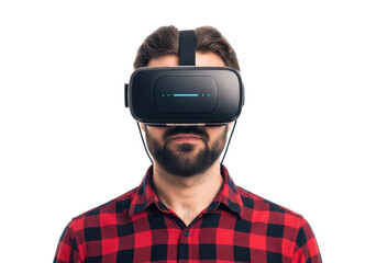 Man wearing a virtual reality headset experiencing immersive digital worlds and futuristic technology isolated on transparent background