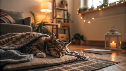 Sleeping cat in cozy home environment, peaceful mood, resting on a blanket, softly lit room