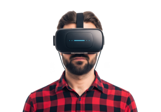 Man wearing a virtual reality headset experiencing immersive digital worlds and futuristic technology isolated on transparent background