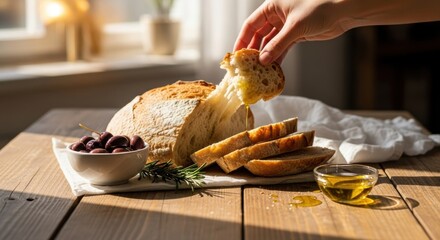 Still life with fresh bread and red wine, healthy ingredients like olive oil, tomato, and green vegetables on a table for a meal