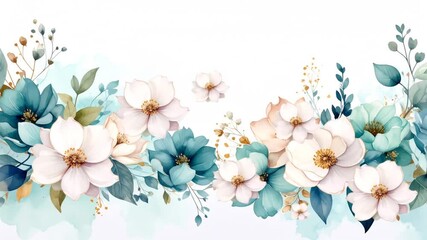 A floral watercolor image with blooms in teal, white, and peach colors with accents - Powered by Adobe