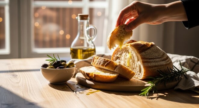 Still life with fresh bread and red wine, healthy ingredients like olive oil, tomato, and green vegetables on a table for a meal - Powered by Adobe