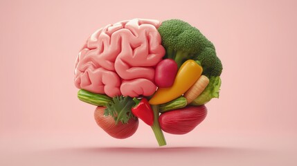 Colorful brain composed of fresh vegetables and fruits, showcasing the connection between nutrition and mental health, emphasizing the importance of healthy eating habits