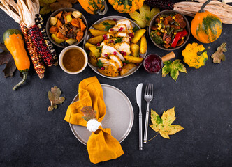 Traditional Thanksgiving day dinner with turkey