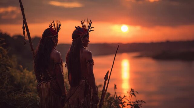 Couple of indigenous women from the Amazon enjoying sunset by the river while dressed in traditional clothing and wearing feathers