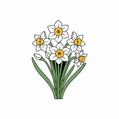 Spring Daffodil Flowers Bouquet Vector Illustration, Narcissus Floral Arrangement Icon - Hand-Drawn Style