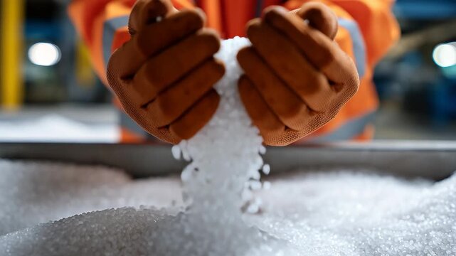 Worker holds granules of white resin in hands at a manufacturing facility during daytime