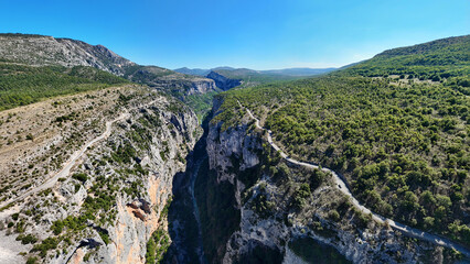 Gorges du Verdon deep canyon with river and high-altitude roads on the sides, France, Europe.