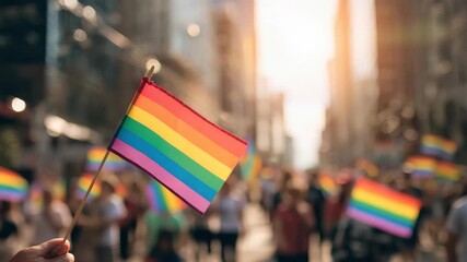 People celebrate at a gay pride demonstration with vibrant rainbow flags in an urban setting during sunset, expressing unity and joy for LGBTQ rights and visibility - Powered by Adobe