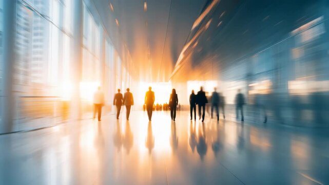 Business professionals navigate a modern hall during peak hours of the day amidst an abstract atmosphere of motion and light
