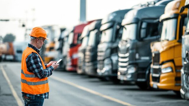 Logistics manager monitors fleet vehicles' locations in a busy yard using GPS application while ensuring efficient operations during the day