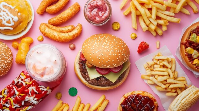 Colorful assortment of fast food items including burgers, fries, sweets, and drinks arranged on a vibrant pink background, showcasing a delightful culinary experience