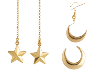 Dangling Gold Star Charm Necklace and Ear Cuff in Curved Display, Floating Isolated View