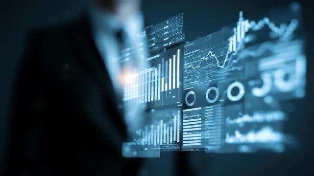 Business professional engages with digital analytics display in a modern office setting during the late afternoon