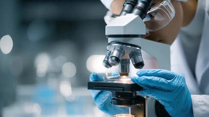 Asian scientist examines samples under microscope in a laboratory setting during a research session focusing on cellular structures and experimental analysis for scientific advancement - Powered by Adobe
