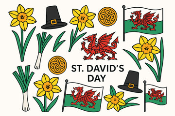 St davids day celebration symbols daffodils leeks welsh dragon flags and hats