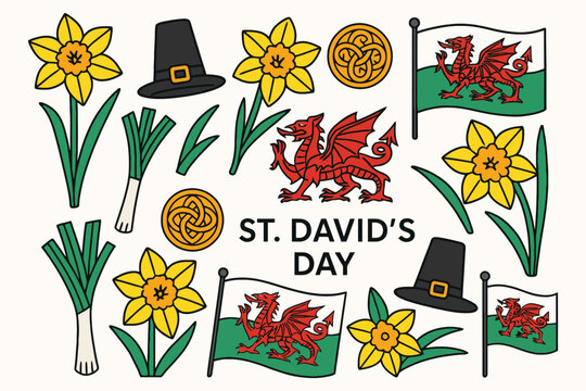 St davids day celebration symbols daffodils leeks welsh dragon flags and hats