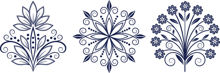 Elegant Floral Swirl Ornaments Set Navy Blue Decorative Elements vector illustration