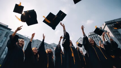 Cheerful students celebrate their graduation by throwing hats in the air during a sunny afternoon ceremony in front of a historic building