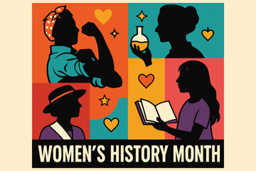 Obraz premium Empowering women s history month celebration with diverse female silhouettes and symbols of strength and knowledge
