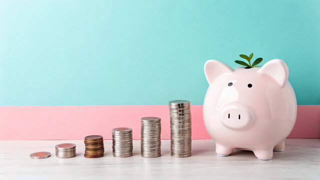 Piggy bank with coins and plant sprout, savings concept, financial growth, investment strategy
