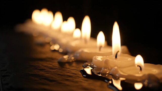 Row of lit candles with dripping wax in the dark.