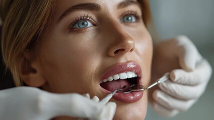 Doctor conducts a closeup examination of a patient's teeth during a cosmetic dental appointment in a modern clinic environment - Powered by Adobe