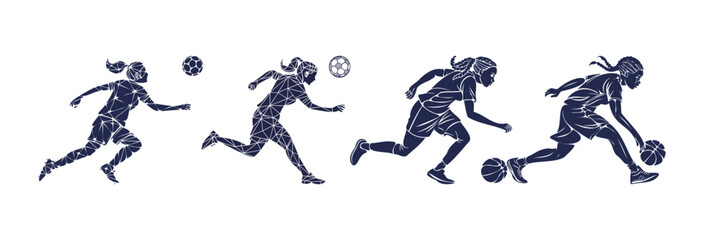 Four dark blue geometric female athletes playing soccer and basketball running kicking