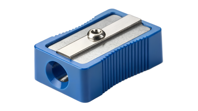 Classic blue pencil sharpener, simple plastic body, silver blade visible, crisp details, clean edges, transparent background PNG - Powered by Adobe