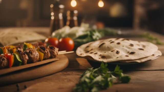 Grilled Meat Kebabs with Vegetables Served with Flatbread and Fresh Greens on a Rustic Table skewers