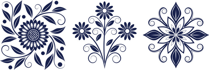 Three dark blue floral ornamental designs on white background decorative swirl