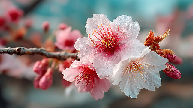 Close up of cherry blossoms on a branch with a blurred background in soft pastel colors and water drops - Powered by Adobe