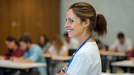 Cheerful female doctor smiling confidently in a medical setting while students study in the background during a conference event - Powered by Adobe