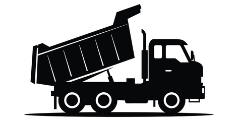 Black silhouette of a dump truck with its container raised for unloading materials