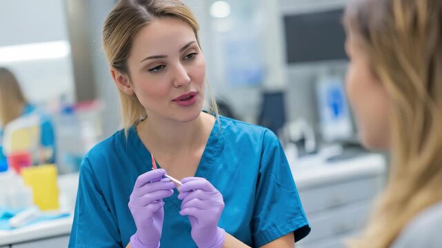 Dental hygienist shares tips on maintaining oral hygiene with patient in a modern clinic during a routine check-up