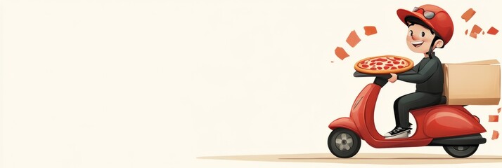 Young male delivery driver riding a red scooter, joyfully holding a pizza, with a large delivery box behind him, showcasing the excitement of food delivery service