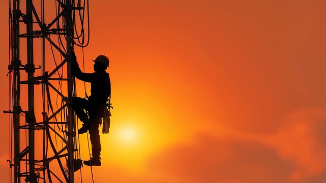 Worker climbs cellular tower against a stunning sunset sky while performing essential maintenance tasks at elevated heights