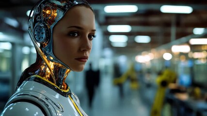 Human and machine integration showcased in an advanced facility with a futuristic robot model exhibiting intricate design and technology