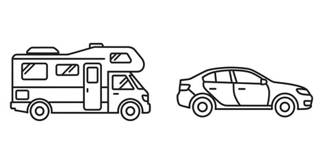 Outlined recreational vehicle and sedan car showcasing automotive design and travel concept