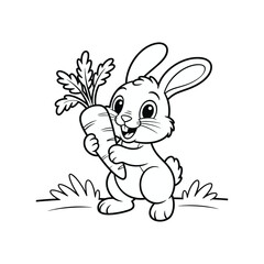 This adorable line art illustration features a cheerful cartoon bunny holding a large carrot. The cute expression, big eyes, and playful pose make it perfect for children’s books, coloring pages, nurs