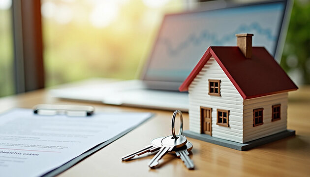 House model with keys and real estate documents on desk, property investment concept, home buying - Powered by Adobe