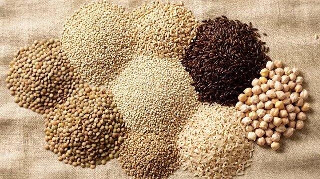 Discover a diverse assortment of healthy superfood grains and legumes including quinoa lentils wild rice chickpeas oats and white rice on a rustic fabric surface