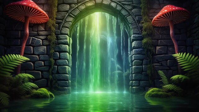 Enchanted Stone Archway with Luminous Green Waterfall and Magic Mushrooms