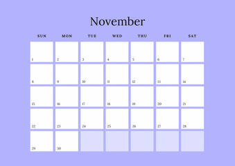 A minimalist calendar for November 2026 on a pastel background. A simple desk calendar starting with Sunday.