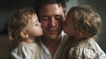 Happy father receiving affectionate congratulations from his joyful kids during a special family moment at home in the early evening - Powered by Adobe
