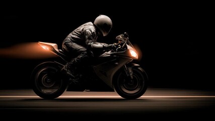 Speed motorcycle racing down a dark road at night with motion blur creating a sense of excitement and movement - Powered by Adobe